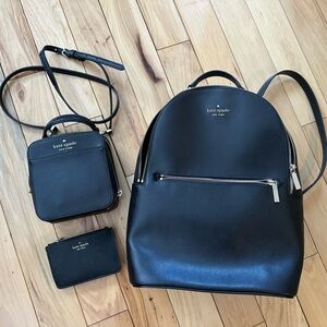Kate Spade Genuine Leather Black Backpack, Crossbody Purse and Wallet Trio